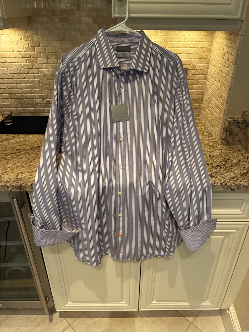 Thomas Dean Blue and White Vertical Stripe Dress Shirt